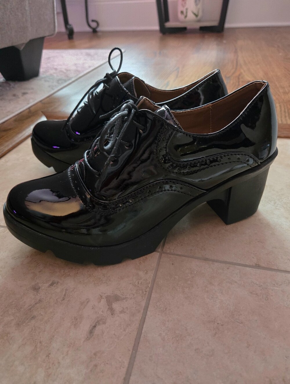 DADAWEN Black Patent Platform Oxford Heels Lug Sole Lace Up Chunky Goth 8.5